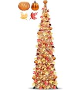 5 FT Fall Tree Fall Decor, Pop Up Tinsel Maples Tree with 50 Warm White Lights Orange Pumpkins Ba...