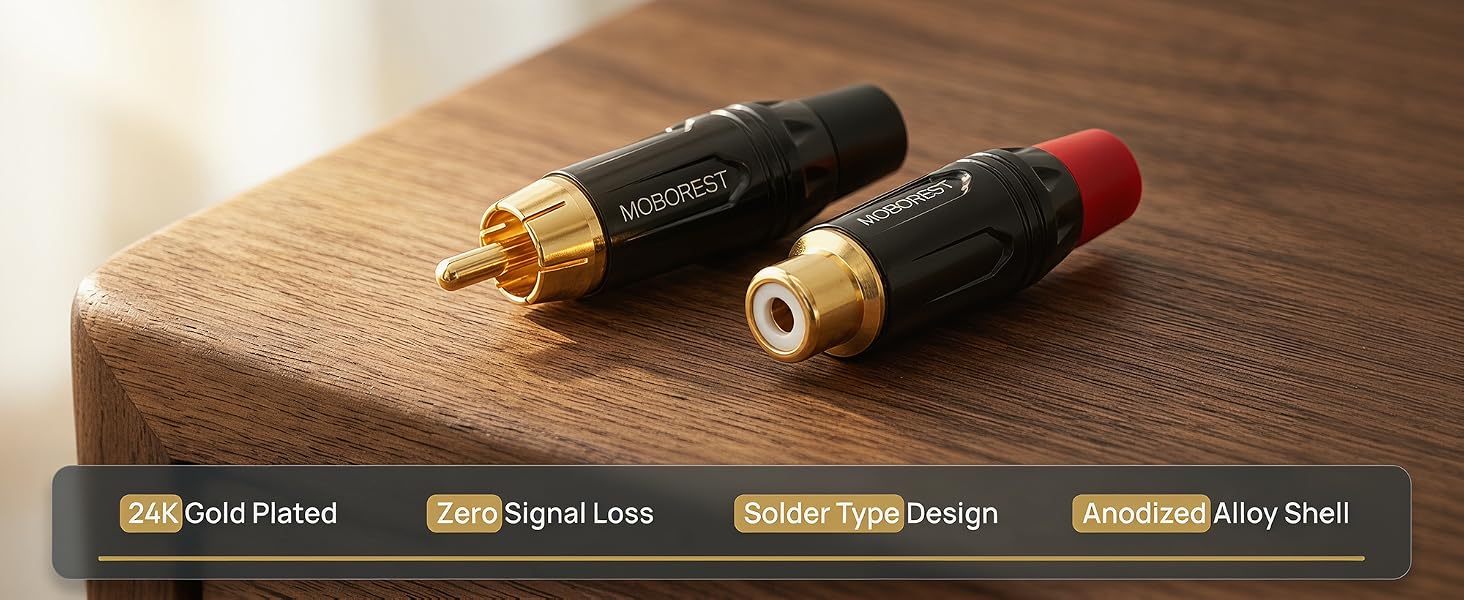 RCA Male Plug Adapter Audio Phono Gold Plated Solder 24K Gold-Plated Phono Jack Adapter