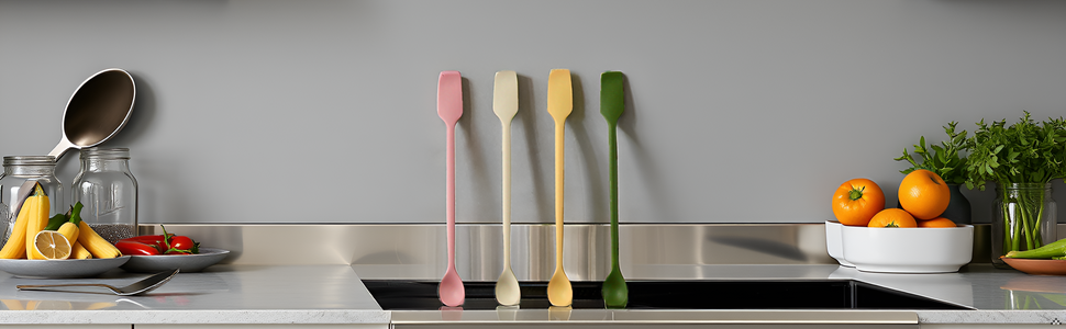 A kitchen counter with various cooking ingredients and utensils surrounding the product.