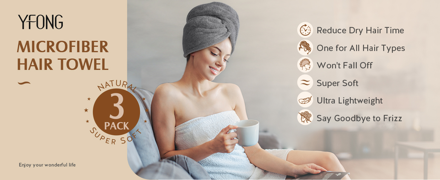 3 Pack Microfiber Hair Towel Wrap for Women, Super Absorbent Turban Towels for Drying Wet Hair