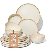 Pokini Ceramic Plates and Bowls Set, Everyday Dinnerware Set for 4, Wavy Rim Kitchen Dish Set, Ch...