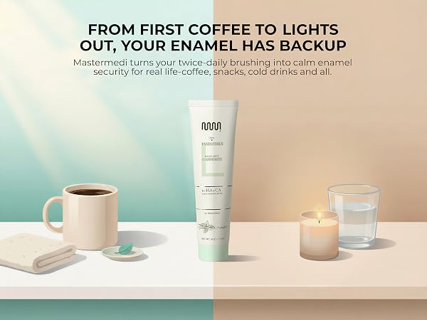 MasterMedi toothpaste on split morning and night sink with text about enamel backup