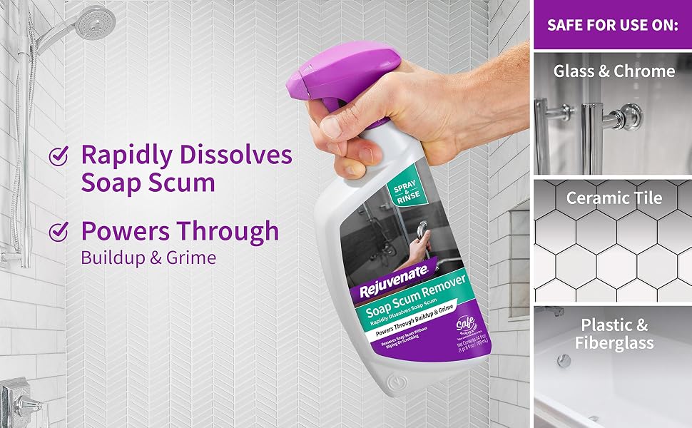 Rapidly dissolves soap scum and safe for use on glass, chrome, ceramic tile, plastic and fiberglass