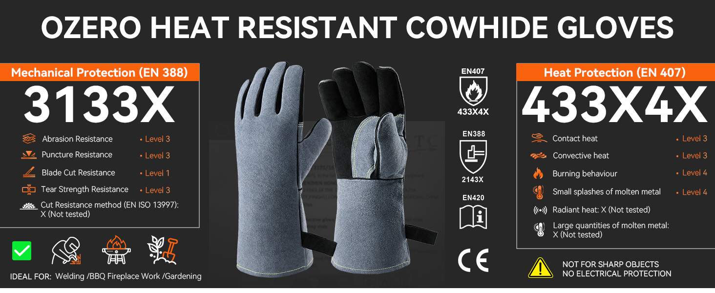 Welding glove certified to meet EN 388, EN 407 and EN 12477 standards, offering safety protection