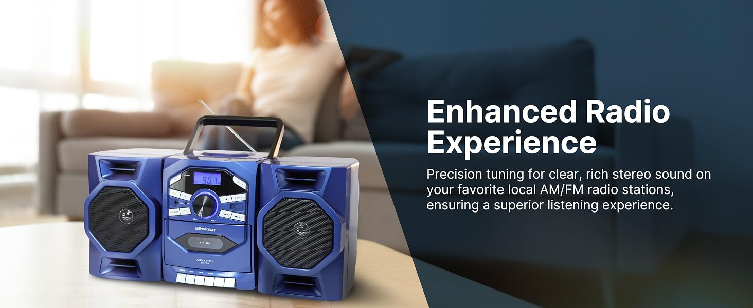 AM Radio FM Radio Tuner built in to the Emerson EPB-4000 Portable Boombox lets you listen to radio