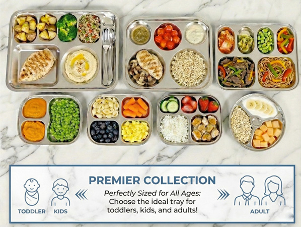 Premium stainless steel divided tray with electropolished finish, antibacterial and dishwasher safe.