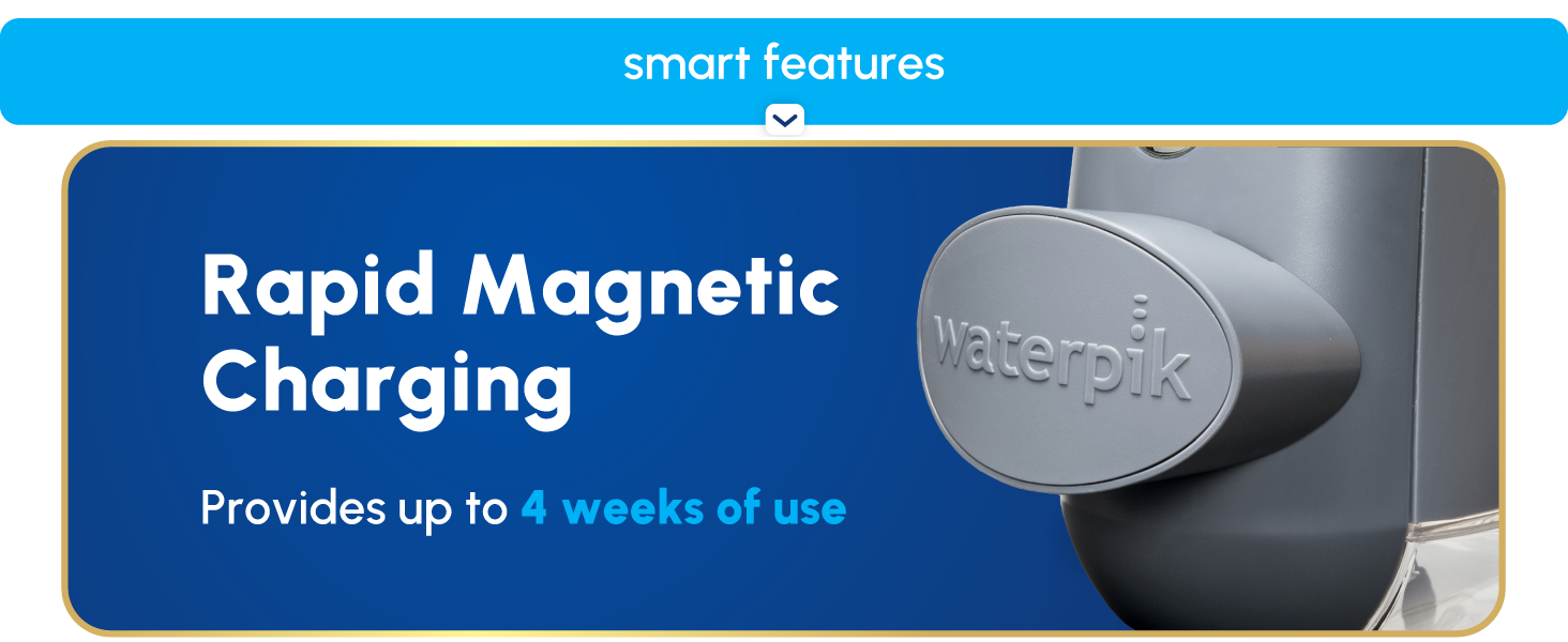 Image of Waterpik Cordless Advanced water flosser charger with text reading rapid magnetic charging.