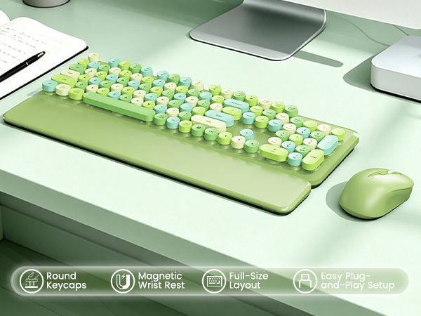 Green retro keyboard and mouse with round keycaps, magnetic wrist rest, and plug-and-play setup.