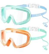 Vvinca 2 Pack Kids Swim Goggles with Attached Earplugs & Nose Clip, Frameless Anti-Fog Wide View ...