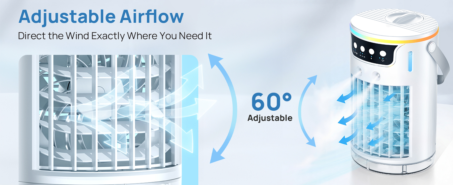 Adjust airflow on this desk top ac and direct 60° precise cooling where needed