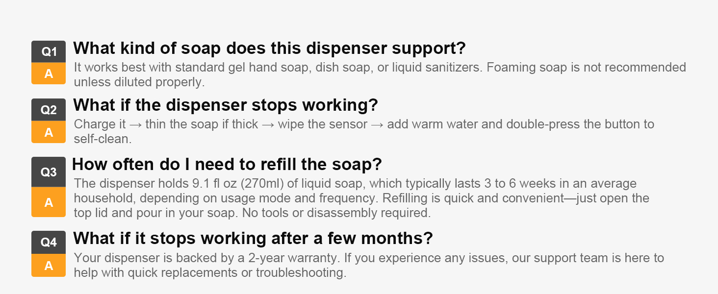 Soap dispenser FAQ covers soap types, refill time, quick fixes, and 2-year care service.