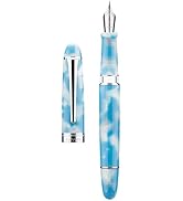 Asvine P50 Piston Fountain Pen Sky Blue Resin, Medium Nib Silver Trim Smooth Writer Collection wi...