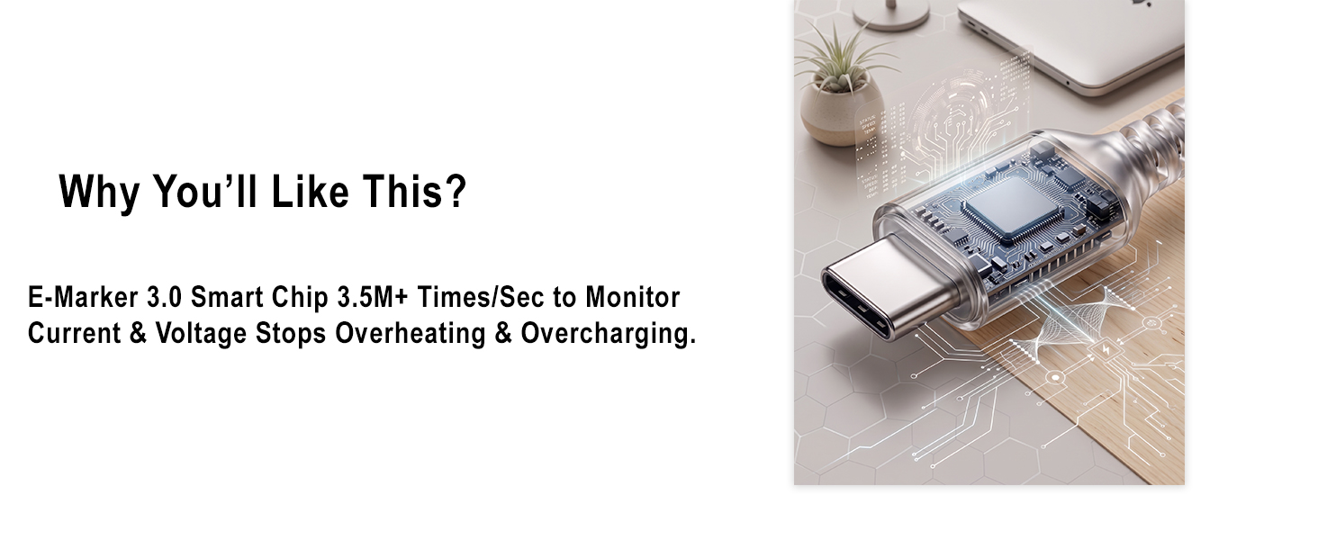 Connector X-ray shows the E-Marker 3.0 smart chip that prevents overheating.