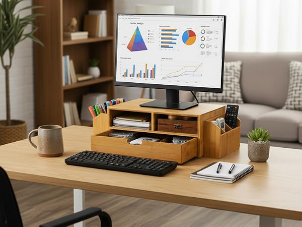 2 Tier Bamboo Desktop Organizer, Desk Monitor Stand Riser