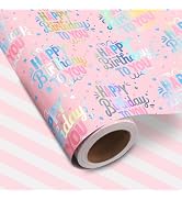 woric Reversible Birthday Wrapping Paper Girls, 17 Inch x 33 Feet Pink Metallic Holographic Happy...