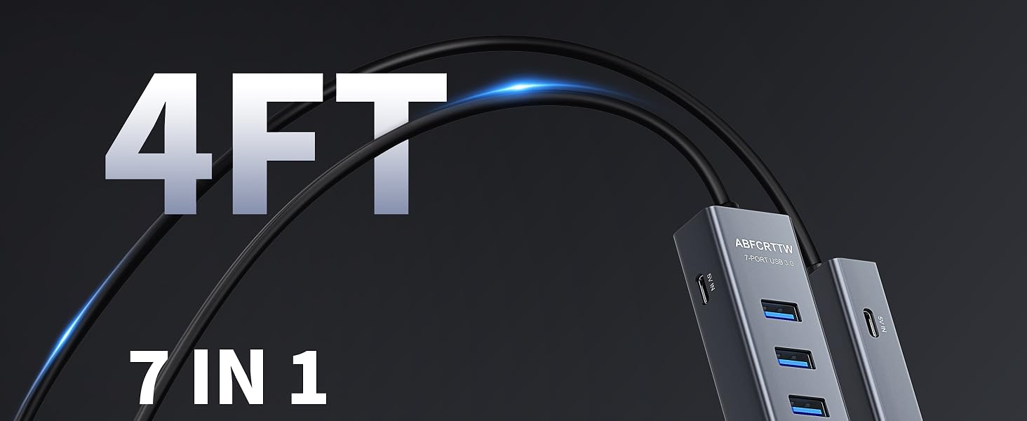 USB hub accessory with '4FT' and '7 IN 1' text. Features multiple ports including USB and HDMI. Connected by a black cable with blue accent.