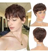FESHFEN Pixie Cut Wigs Synthetic Short Chocolate Brown Pixie Haircut Wig with Bangs Glueless Laye...