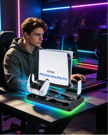 Cooling Station for Ps5/Slim/Pro Disc & Digital Playstation 5 Vertical Stand Organizer