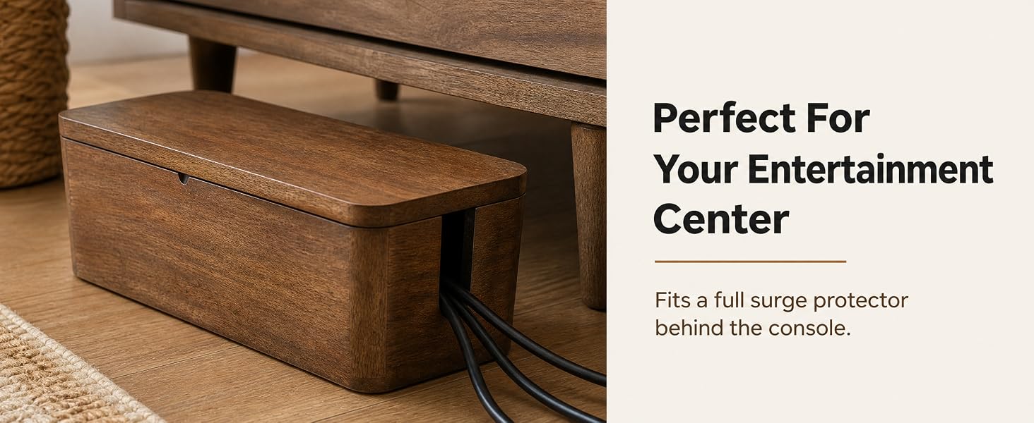 Mango wood cable box on a media console below a TV, holding a power strip