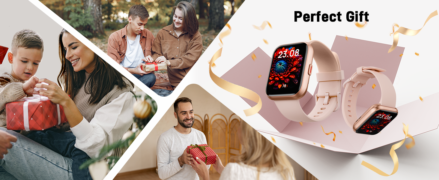 Rose gold smartwatch with rectangular display showing time and health metrics. Watch has a silicone strap and is shown from multiple angles alongside gift-giving scenes.