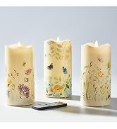 Eywamage Fiber Optic Flameless Pillar Candles with Remote Set of 3, Butterfly Floral Spring LED C...