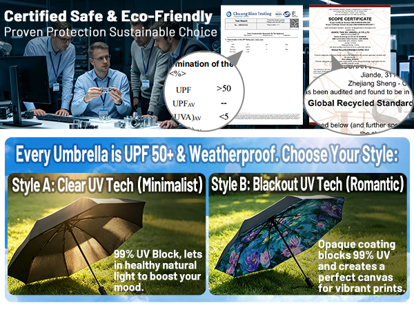 UPF 50 UV protection sun umbrella. Stylish portable parasol with clear UV technology.