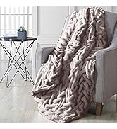 Modern Threads Luxury Solid Braided Faux Fur Reverse to Flannel Throw Blanket, Tan - 50" x 60"