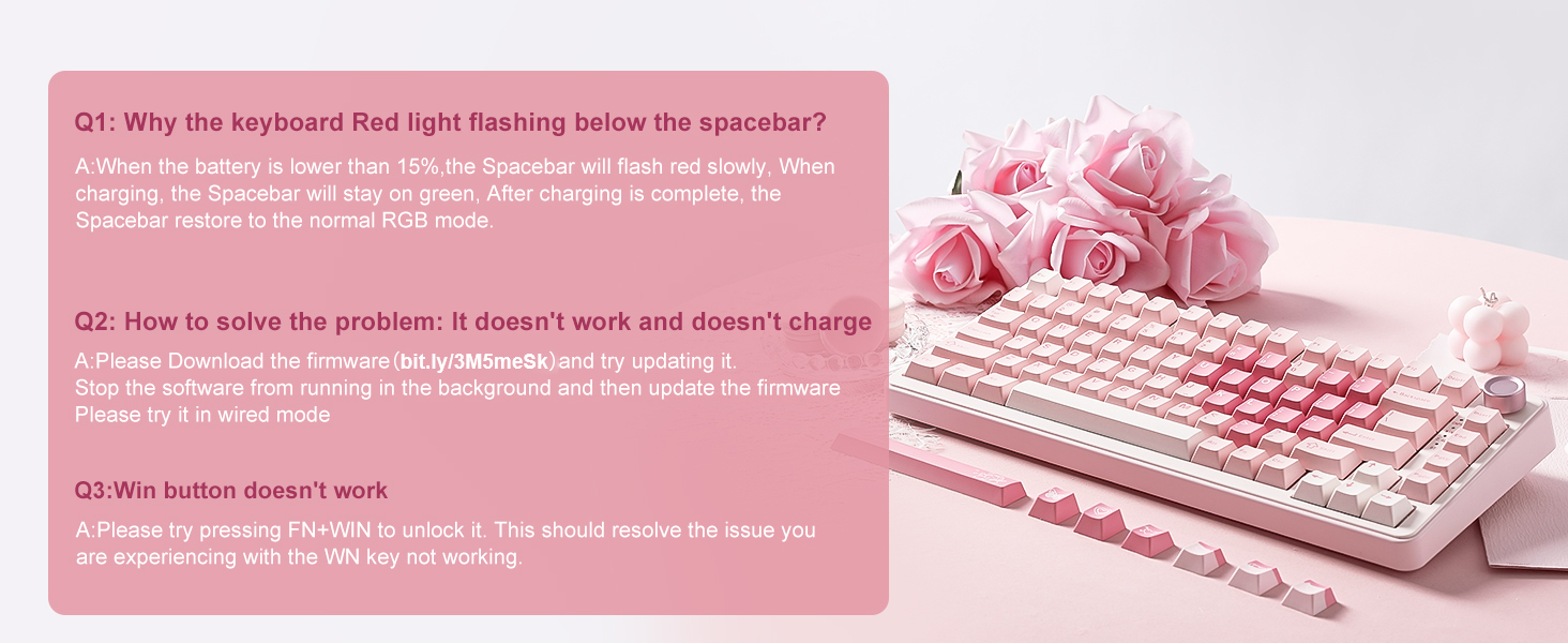 Pink mechanical keyboard setup with troubleshooting questions displayed. Text panels show Q1, Q2, Q3 regarding keyboard light flashing and button functionality issues against pink background.