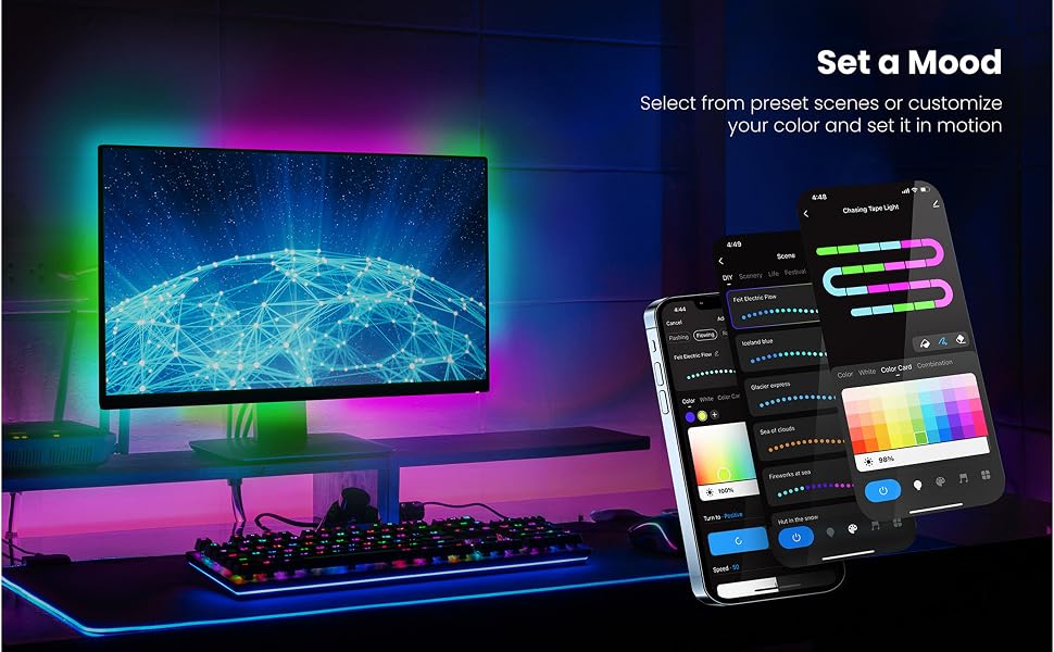 Set a mood for gaming with preset scenes and motion effects