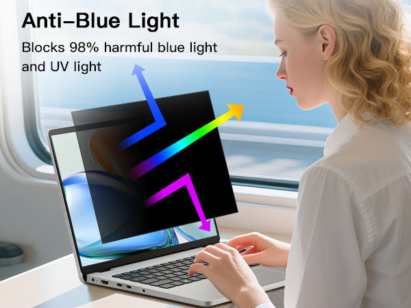 Text reads 'Anti-Blue Light' and 'Blocks 96% harmful blue light and UV light'. Demonstration of laptop screen protection showing filtered light spectrum visualization.