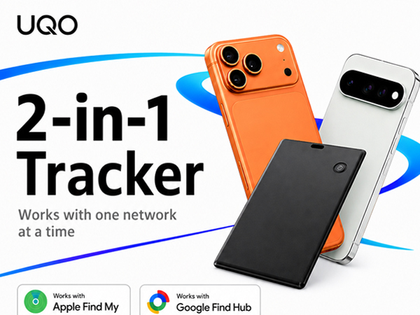 UQO 2-in-1 card tracker works with Apple Find My or Google Find Hub, one network at a time