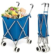 Goplus Folding Shopping Cart with Wheels, Grocery Cart with Removable Oxford Cloth Liner, Lightwe...