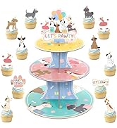 Vintage Retro Dog Birthday Cake Decorations 3-Tier Puppy Happy Birthday Cupcake Stand with 24 Dog...