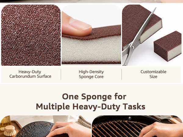Hand holding a heavy-duty carborundum sponge beside a clean stainless steel pot.