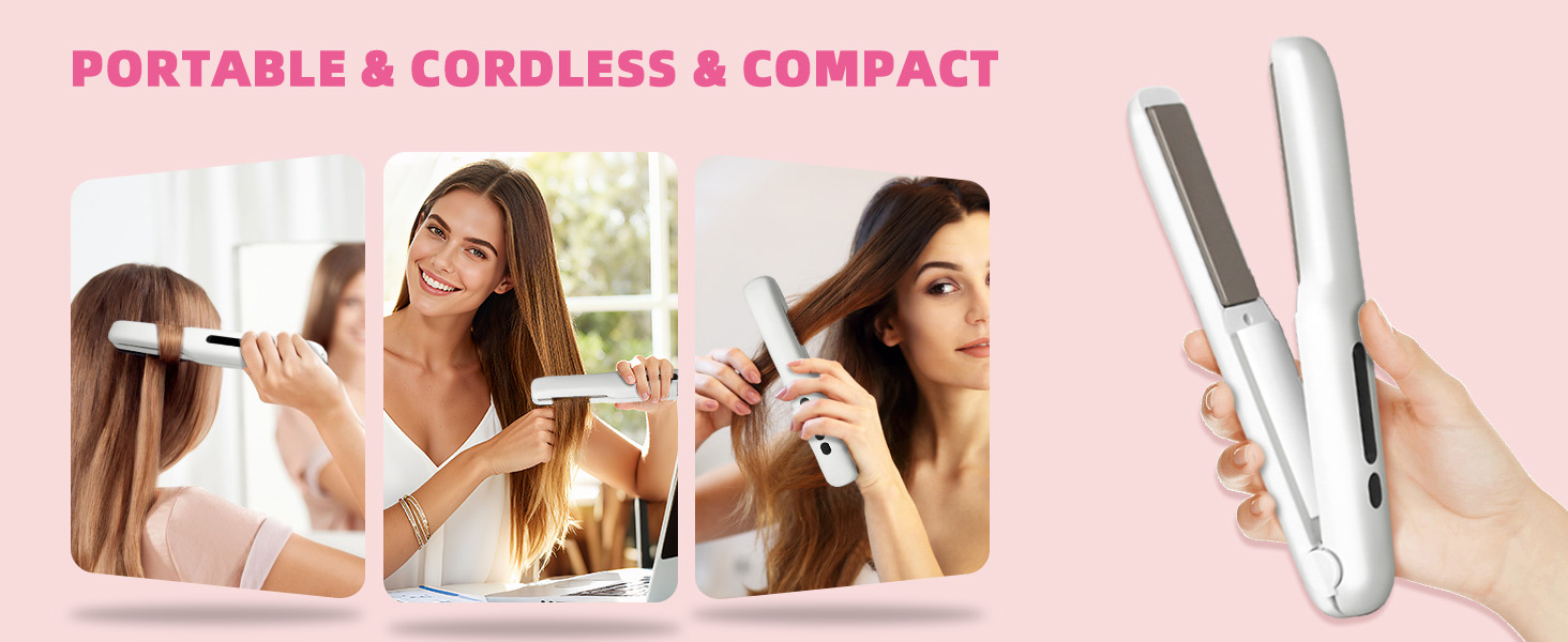 Portable cordless compace hair straightener for on-the-go styling.