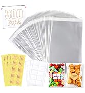 300 PCS 4×6 Inches Clear Resealable Cellophane Bags with 40 PCS Blank Self-adhesive Label Paper a...