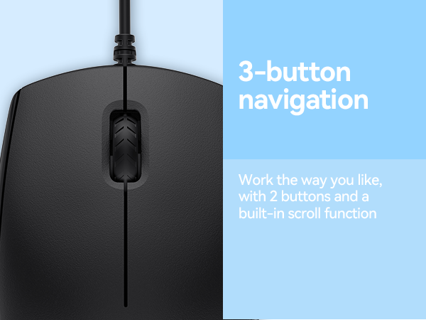 Text reads '3-button navigation' and 'Work the way you like with adjustable buttons built-in function'. Black computer mouse with left side view showing ergonomic design and button layout on blue background.