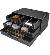 KINGFOM Pu Leather Desktop Organizer for Office Supplies, Desk Accessories, 4 Small Drawer Statio...