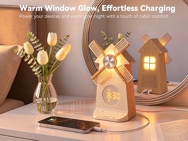Sunrise Alarm Clock with Rotating Windmill, White Noise Machine for Sleeping