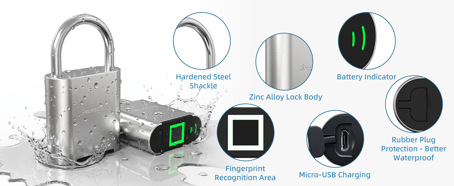 Zinc alloy smart fingerprint padlock, IP waterproof, hardened steel shackle