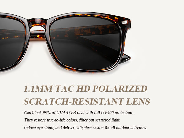 1.1MM thick TAC HD lens that block 99% of UVA/UVB rays with full UV400 protection Scratch-resistant