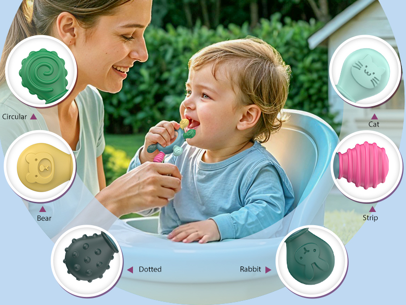 Baby teething toys in various shapes: circular, cat, bear, striped, dotted, and rabbit. Shown in use by a smiling toddler in a blue highchair outdoors.