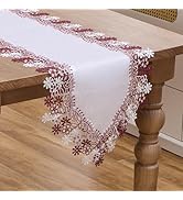 Winotic White Dark Red Floral Lace Jacquard Table Runner Dresser Scarf 36 inches Long for Kitchen...