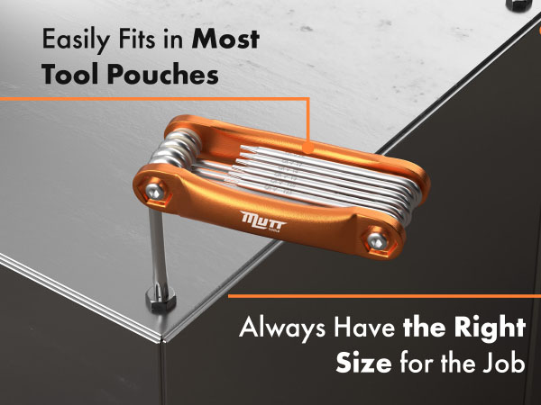 Folding security torx set displayed on a reflective surface with an orange metallic finish.