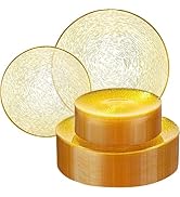 Liacere 60Pcs Yellow Plastic Plates - Yellow Disposable Plates With Gold Rim, Heavy-duty Gold Pla...