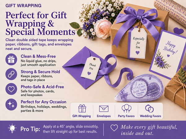 Double sided tape for gift wrapping cards ribbons and envelopes
