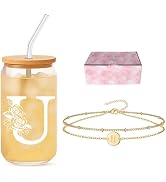 DAMCONME Friendship Gifts for Women, Initial Glass Cup and Bracelet Gift Set, Personalized Ready ...