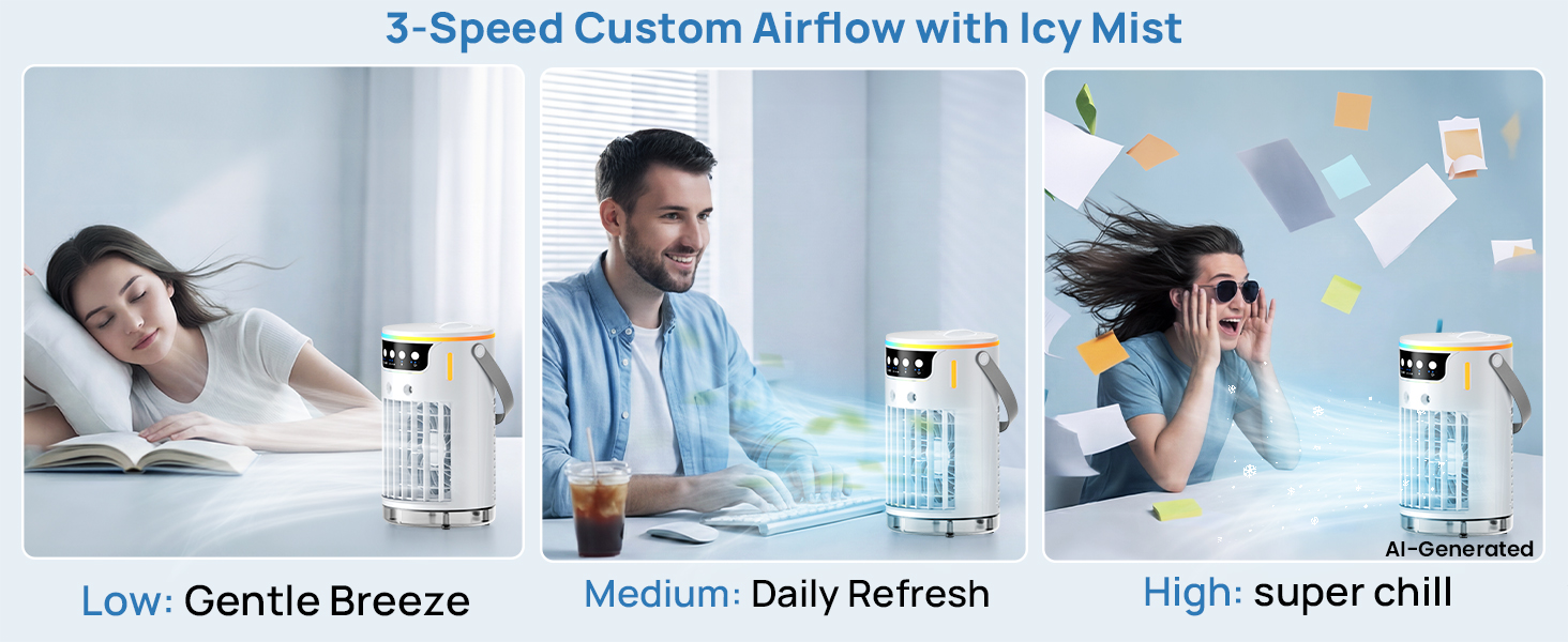 3-speed custom airflow with icy mist for this personal swamp cooler, from gentle to turbo