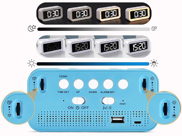 dual dial stepless dimmer alarm clock rotary wheel brightness control 10-100 percent nightlight
