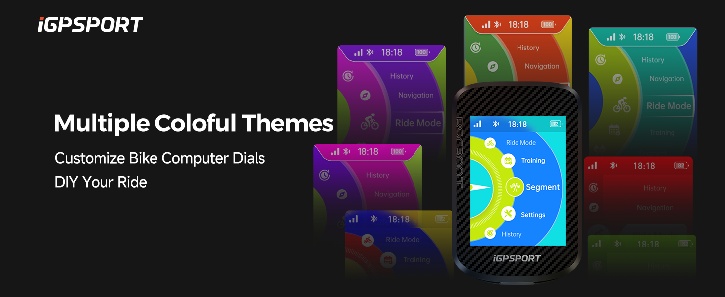 iGPSPORT device interface showing multiple colorful themes with map displays and cycling data screens in purple, red, and green variations.